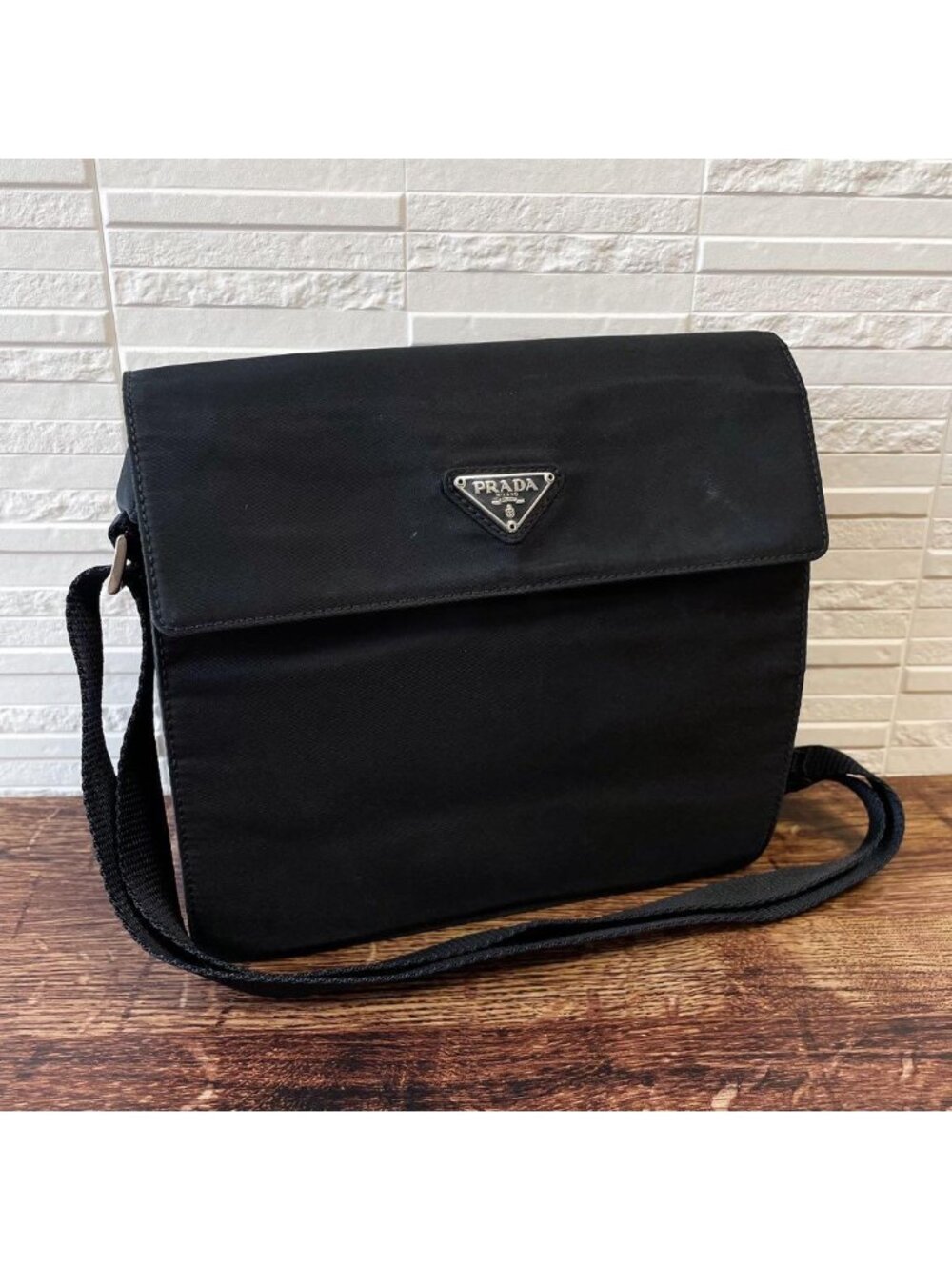Prada Nylon Triangle Plate Logo Shoulder Bag Black